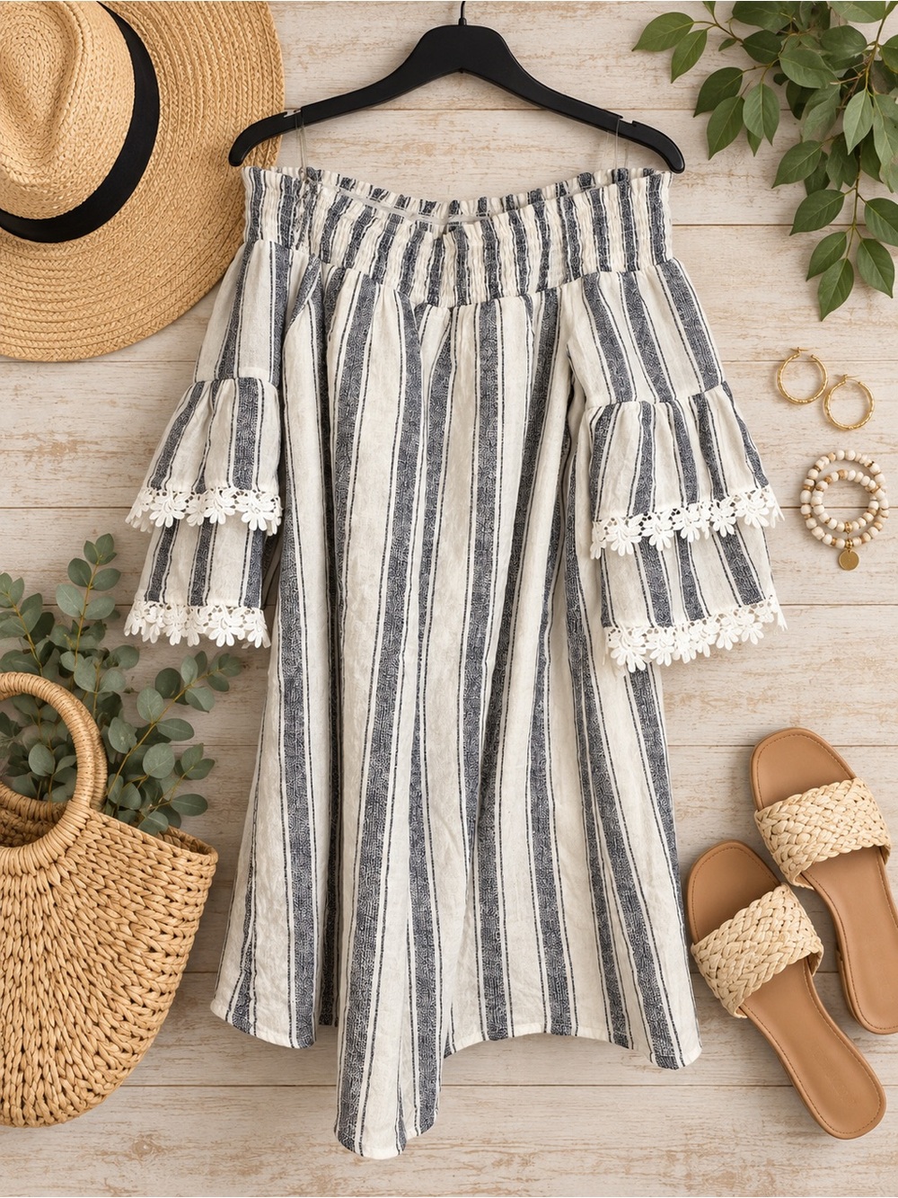 Altar'd State Navy and Cream Vertical-Stripe A-Line Skirt with Lace Trim